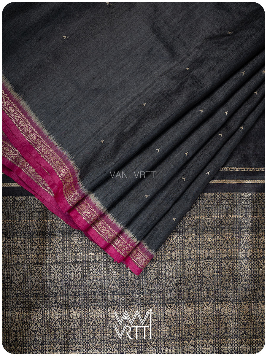 Black Madhumalati Handspun Tussar Silk Sari