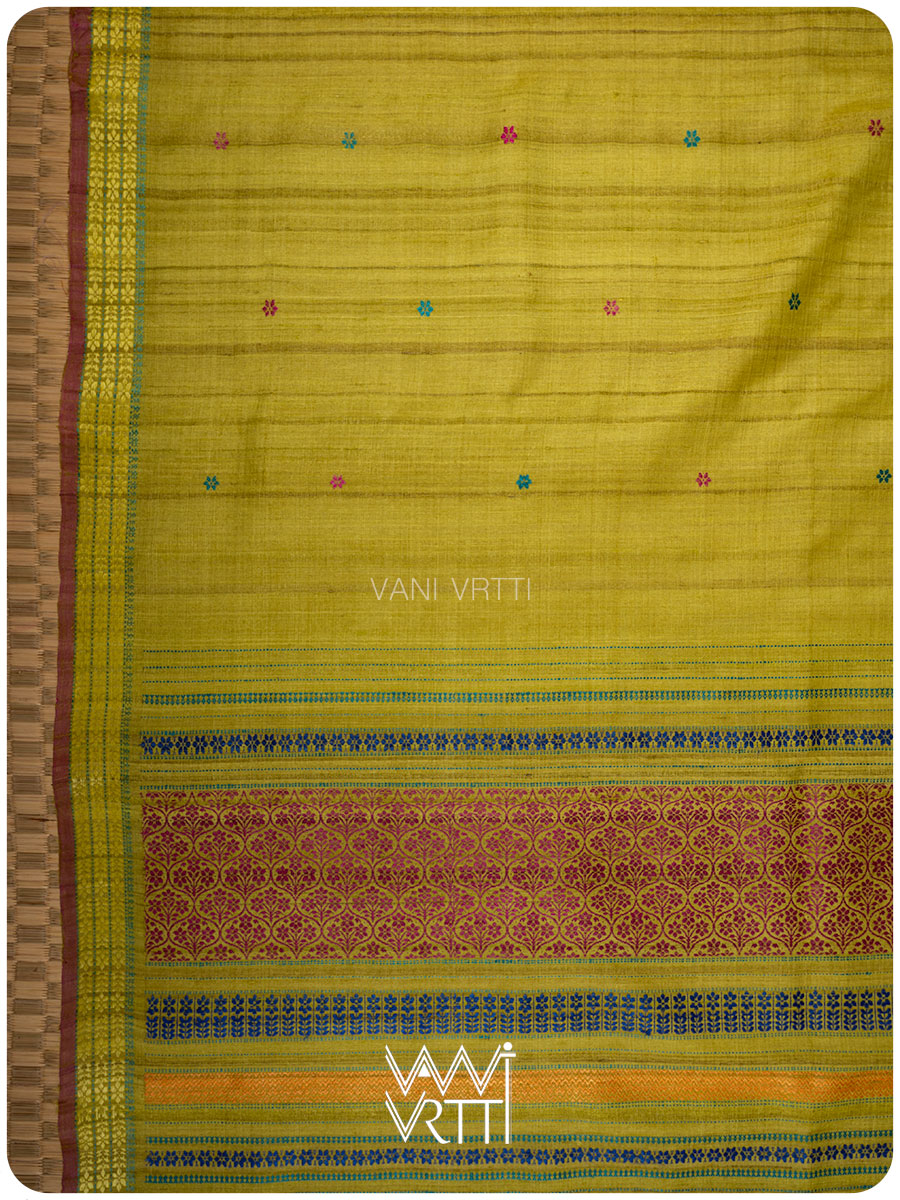 Yellowish Green Parijat Handspun Tussar Silk Saree