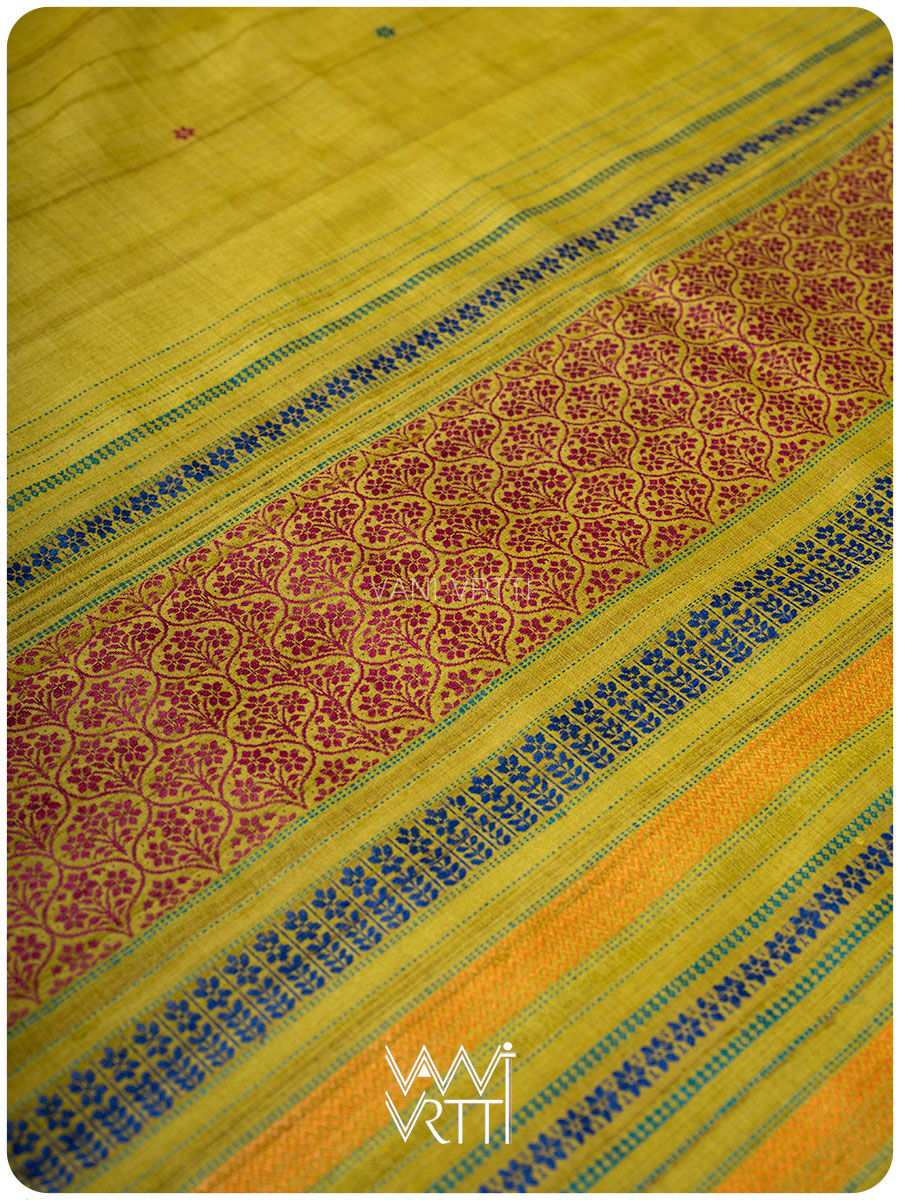 Yellowish Green Parijat Handspun Tussar Silk Saree