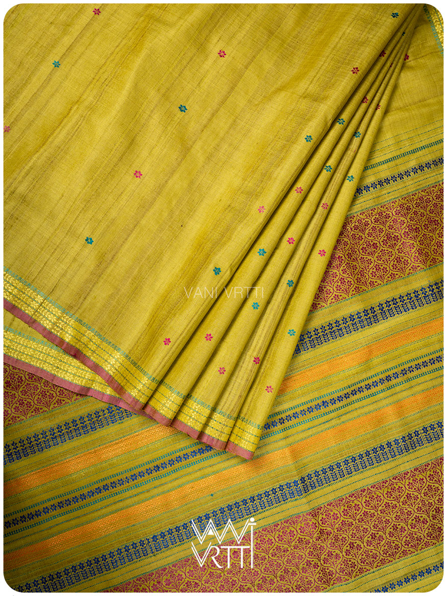 Yellowish Green Parijat Handspun Tussar Silk Saree