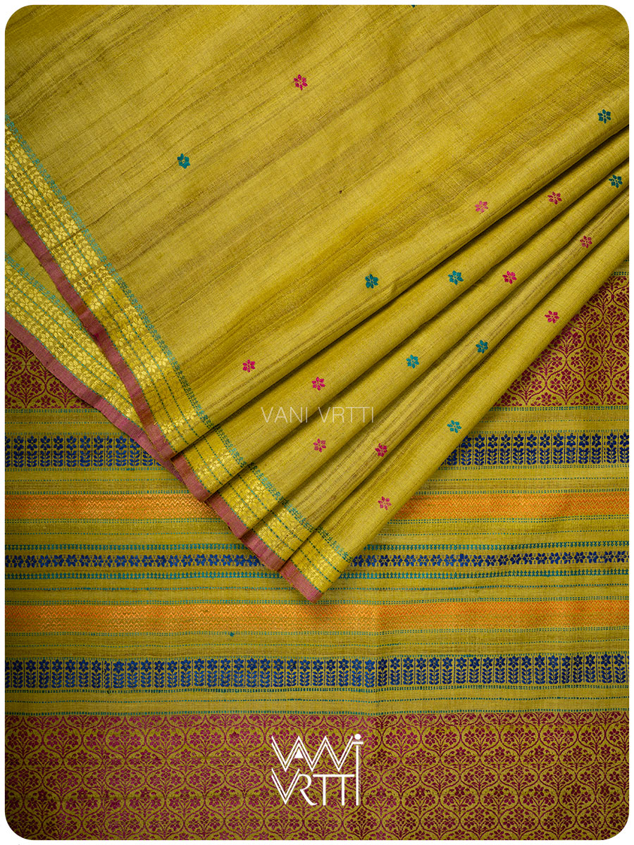 Yellowish Green Parijat Handspun Tussar Silk Saree