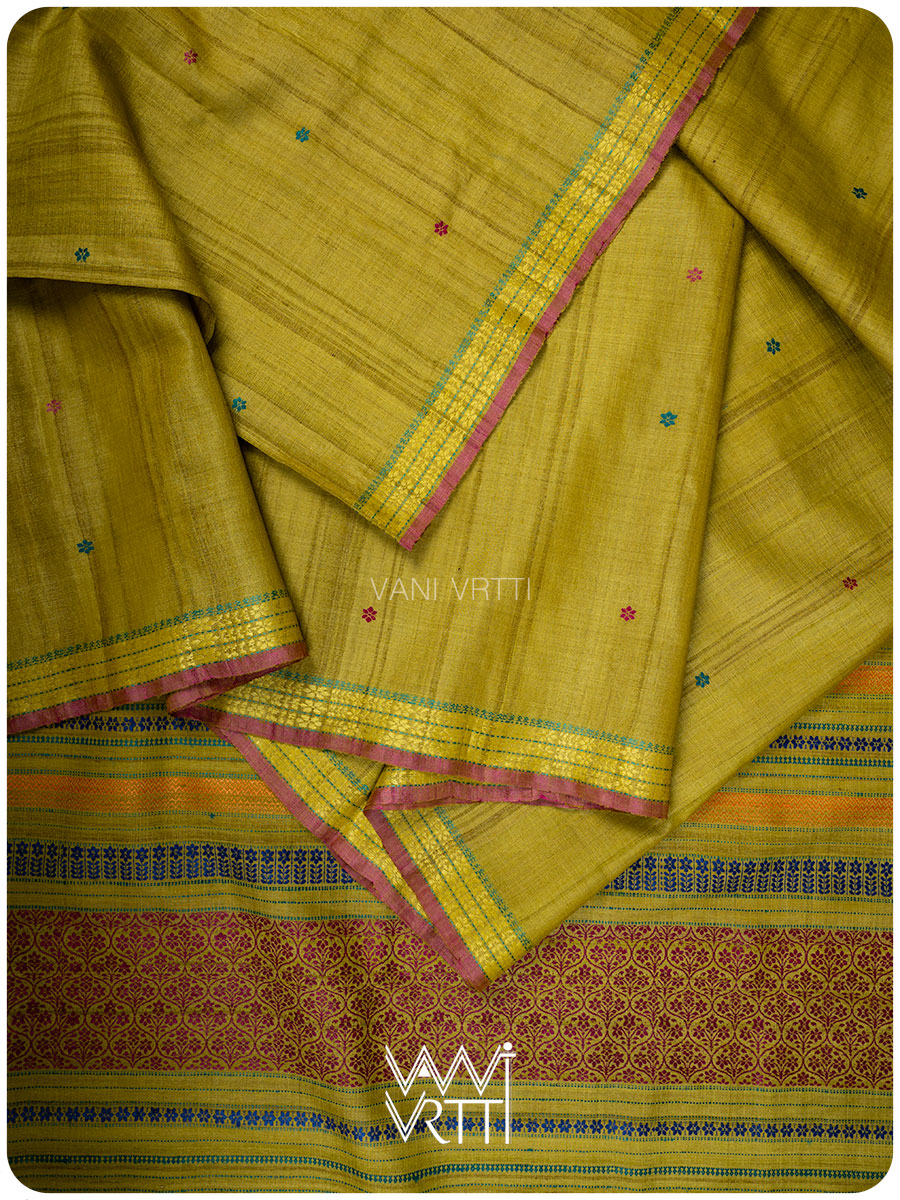 Yellowish Green Parijat Handspun Tussar Silk Saree