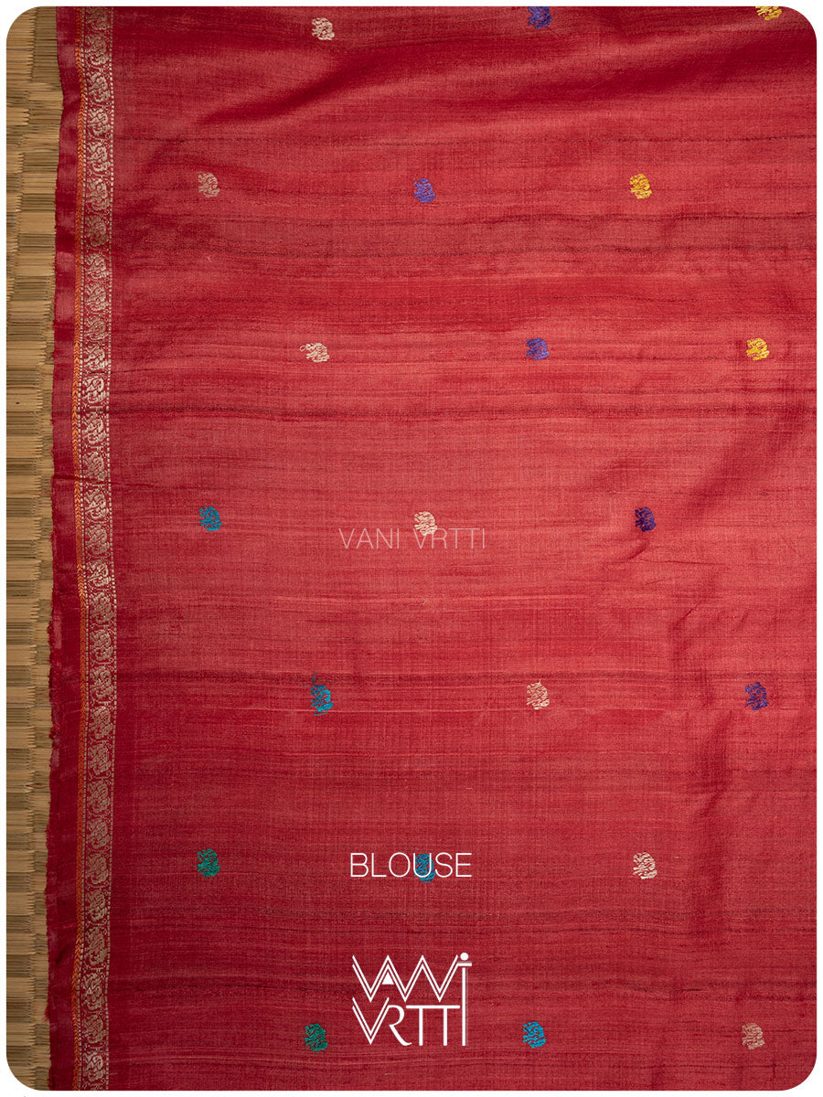 Peach Red Airavata Konark Double Palla Handspun Tussar Silk Saree