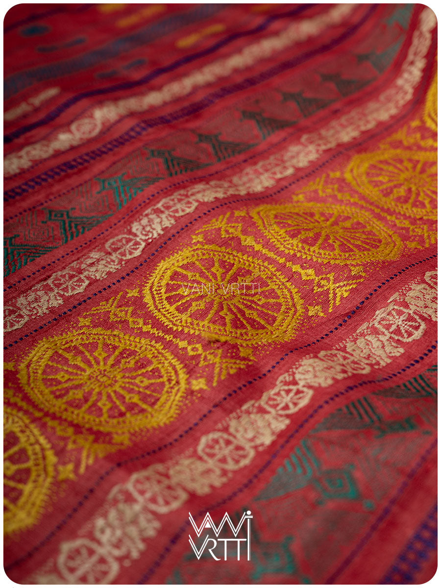 Peach Red Airavata Konark Double Palla Handspun Tussar Silk Saree
