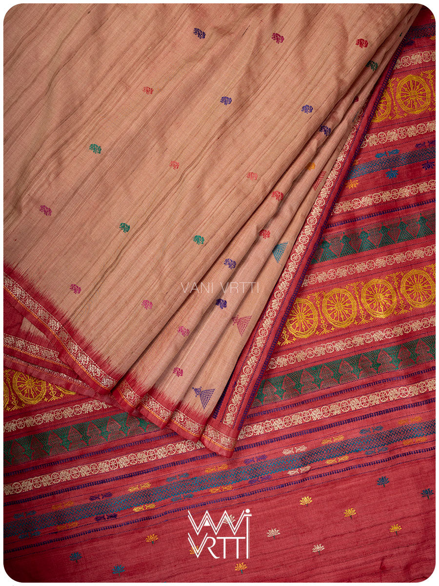 Peach red handspun tussar silk saree with Konark temple motifs and Airavata border in full view