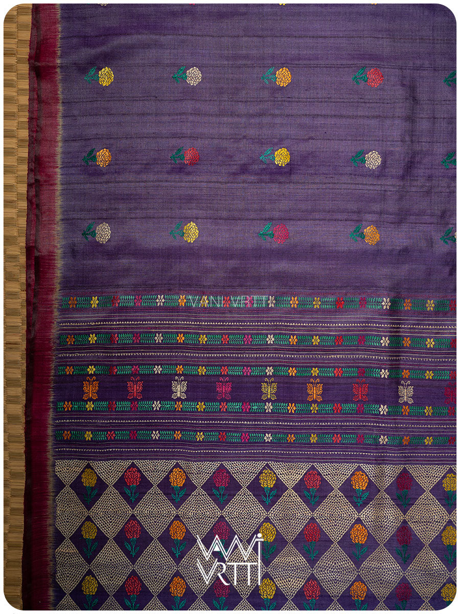 Purple Marigold Wild Garden Master Weave Exclusive Handspun Tussar Silk Saree