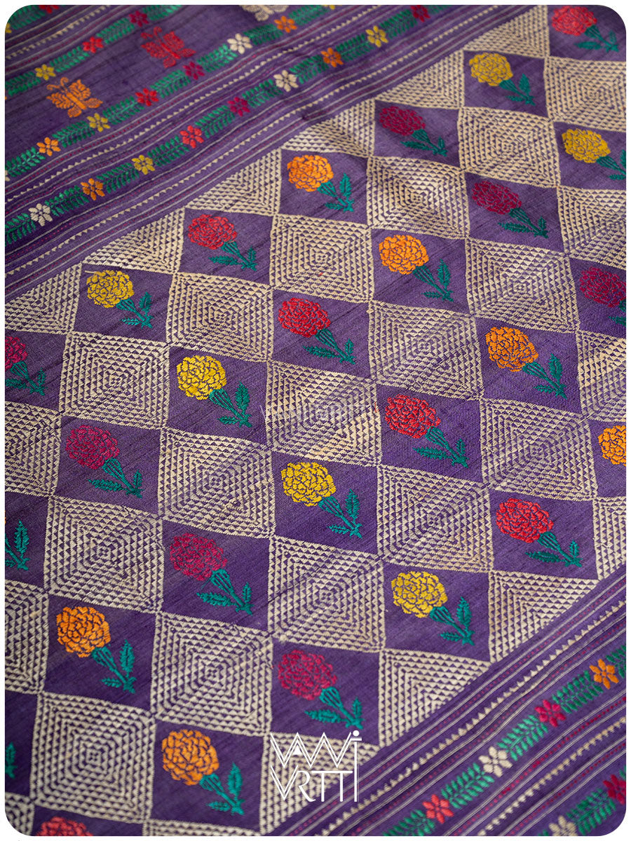 Purple Marigold Wild Garden Master Weave Exclusive Handspun Tussar Silk Saree