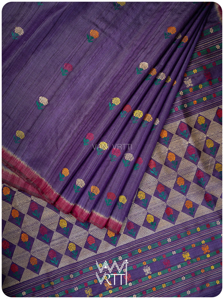 Purple Marigold Wild Garden Master Weave Exclusive Handspun Tussar Silk Saree