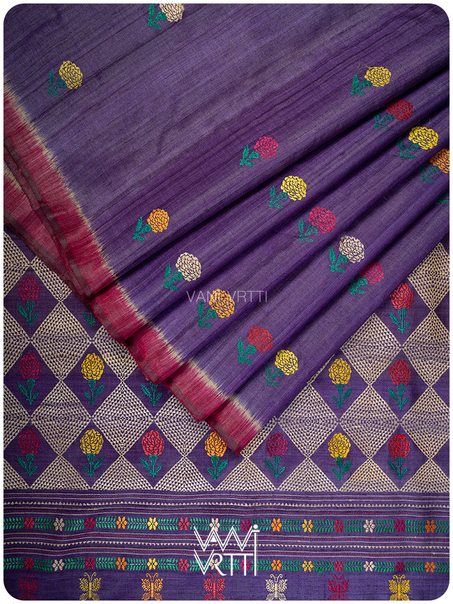 Purple Marigold Wild Garden Master Weave Exclusive Handspun Tussar Silk Saree
