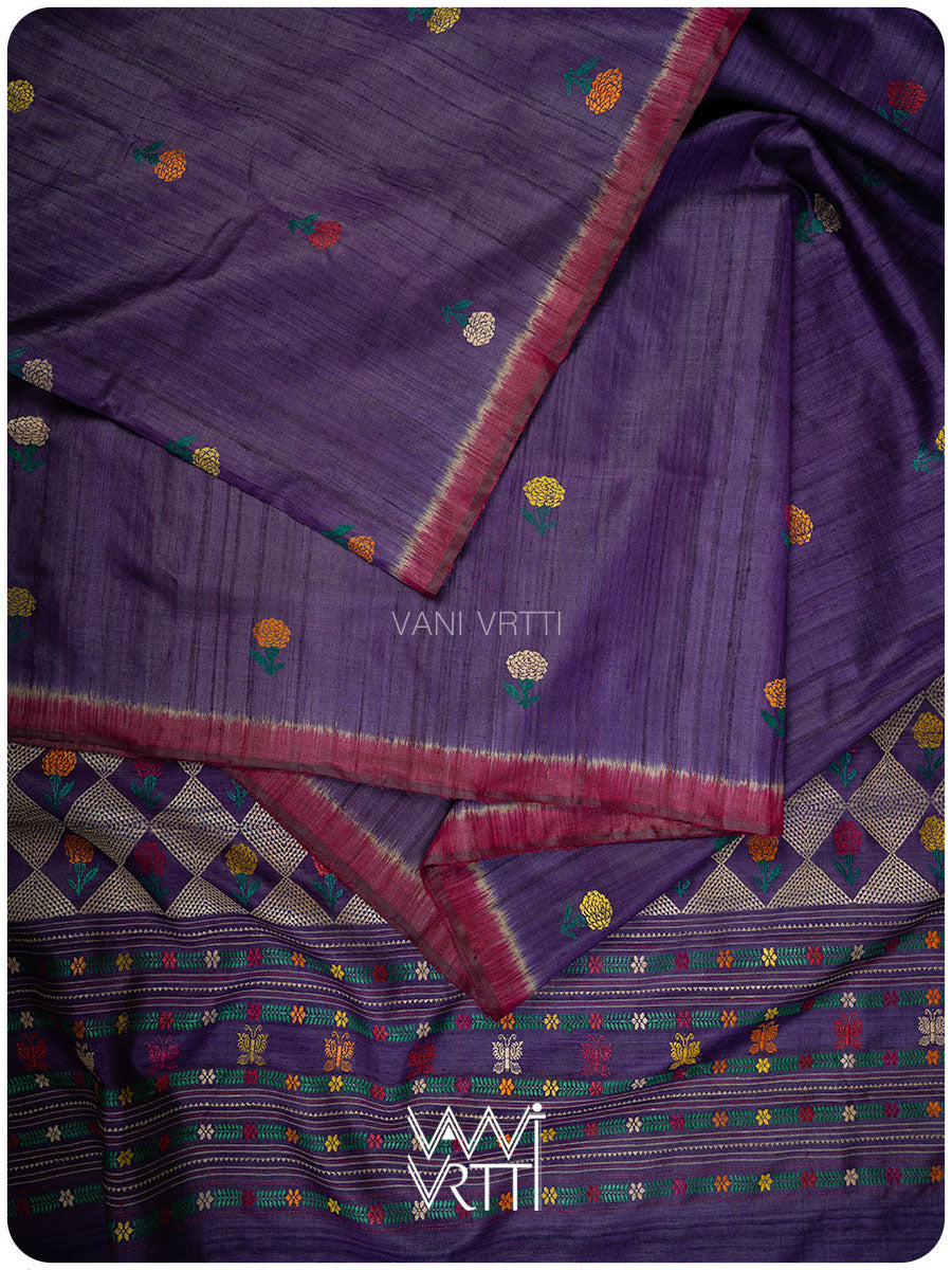 Purple Marigold Wild Garden Master Weave Exclusive Handspun Tussar Silk Saree