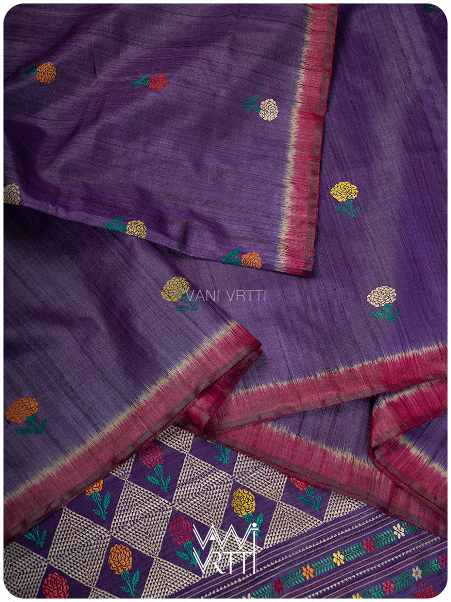 Purple Marigold Wild Garden Master Weave Exclusive Handspun Tussar Silk Saree