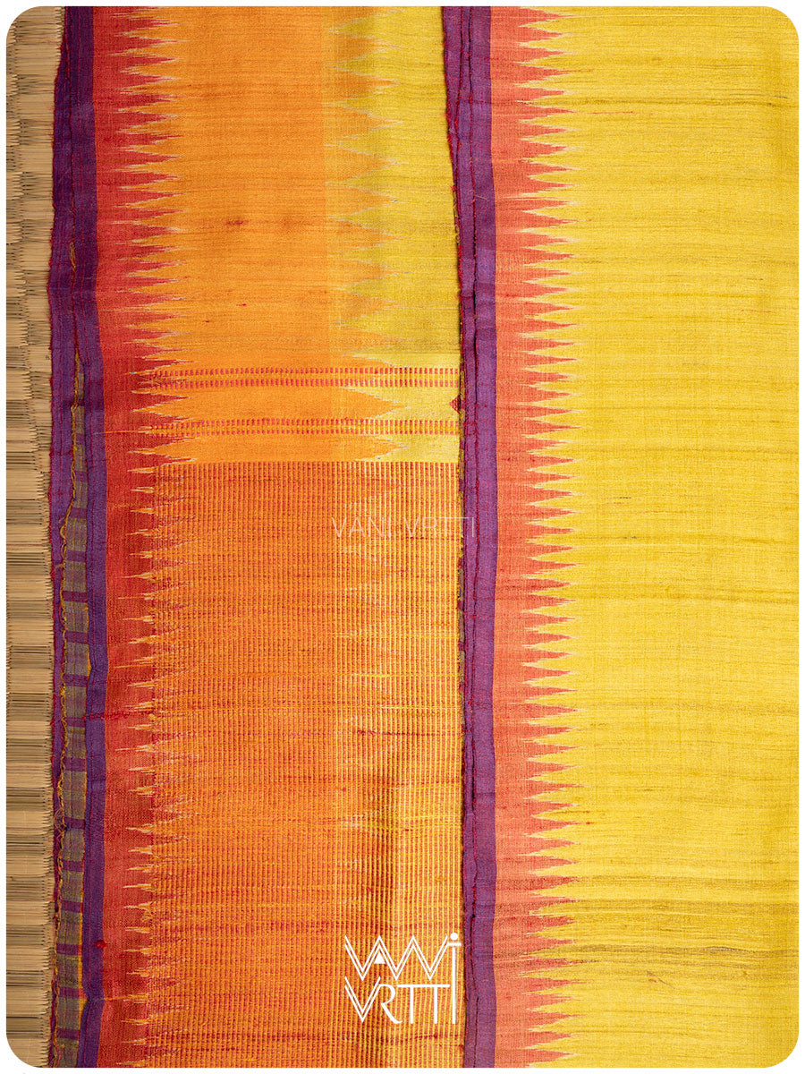 Yellow Orange Sangam Bristi Handspun Tussar Silk Saree