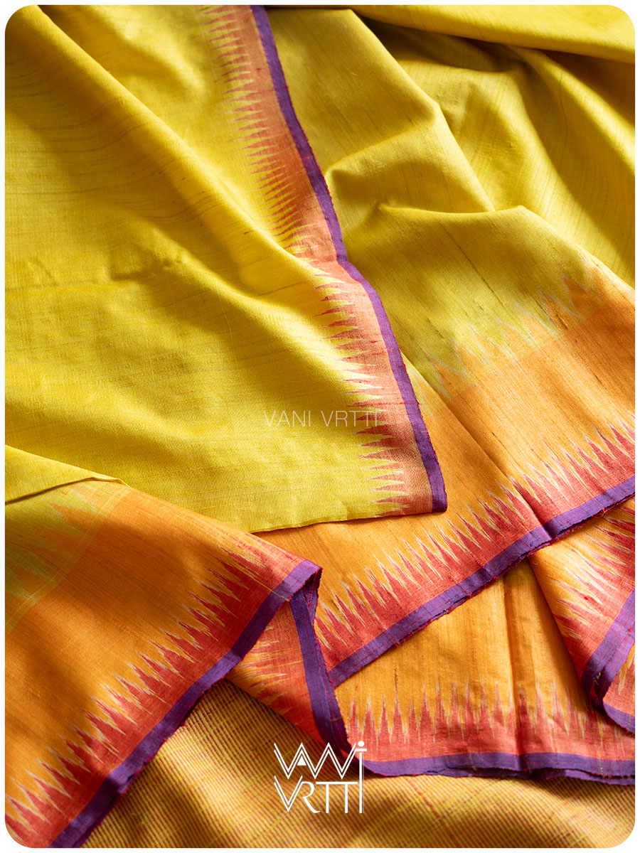 Yellow Orange Sangam Bristi Handspun Tussar Silk Saree