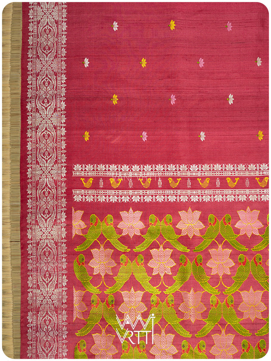 Watermelon Red Lotus Parrot Jaal Designer Exclusive Handspun Handwoven Tussar Silk Saree