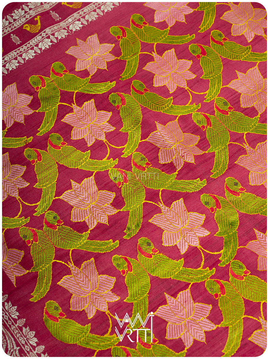 Watermelon Red Lotus Parrot Jaal Designer Exclusive Handspun Handwoven Tussar Silk Saree