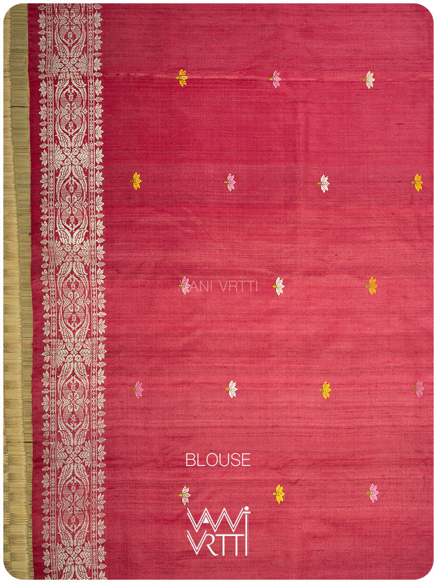 Watermelon Red Lotus Parrot Jaal Designer Exclusive Handspun Handwoven Tussar Silk Saree