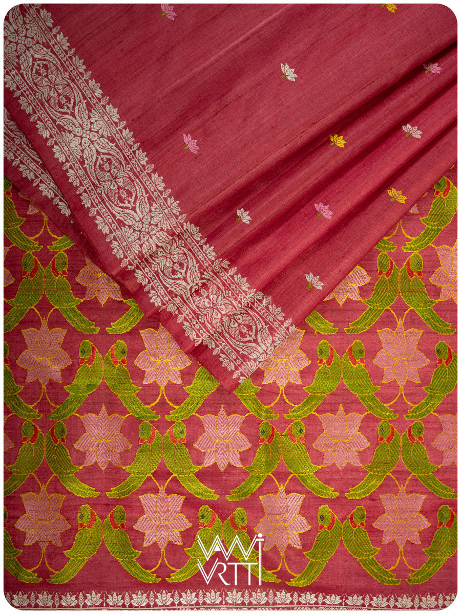 Watermelon Red Lotus Parrot Jaal Designer Exclusive Handspun Handwoven Tussar Silk Saree