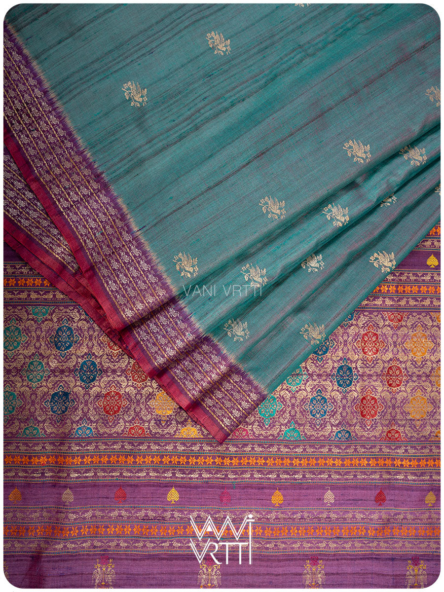 Space Blue Purple Nightingale Master Weave Exclusive Handspun Tussar Silk Saree