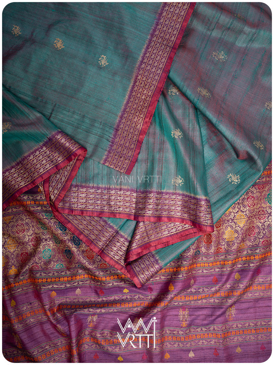 Space Blue Purple Nightingale Master Weave Exclusive Handspun Tussar Silk Saree