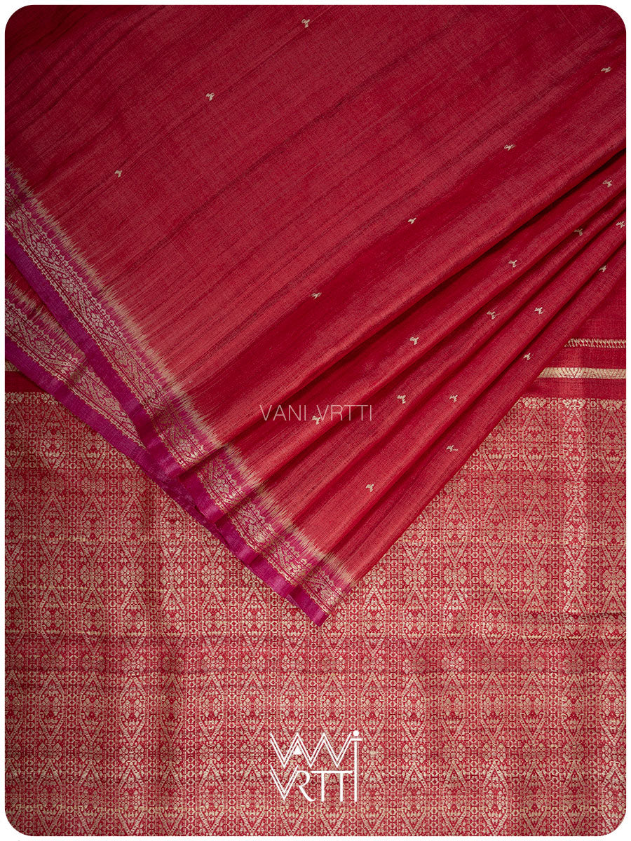Red Madhumalati Handspun Tussar Silk Saree