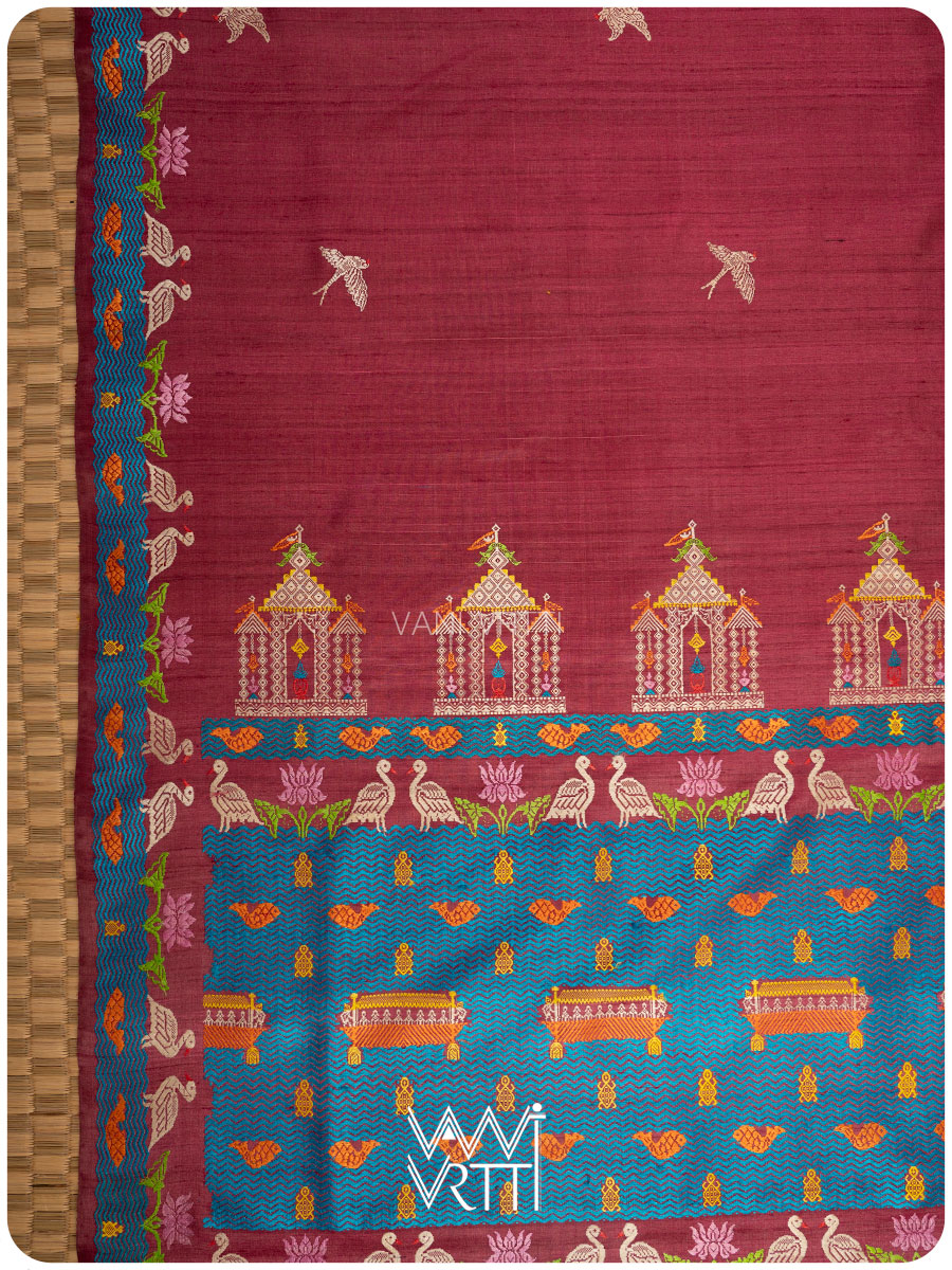 Deep Wine Chilika Master Weave Exclusive Handspun Tussar Silk Saree