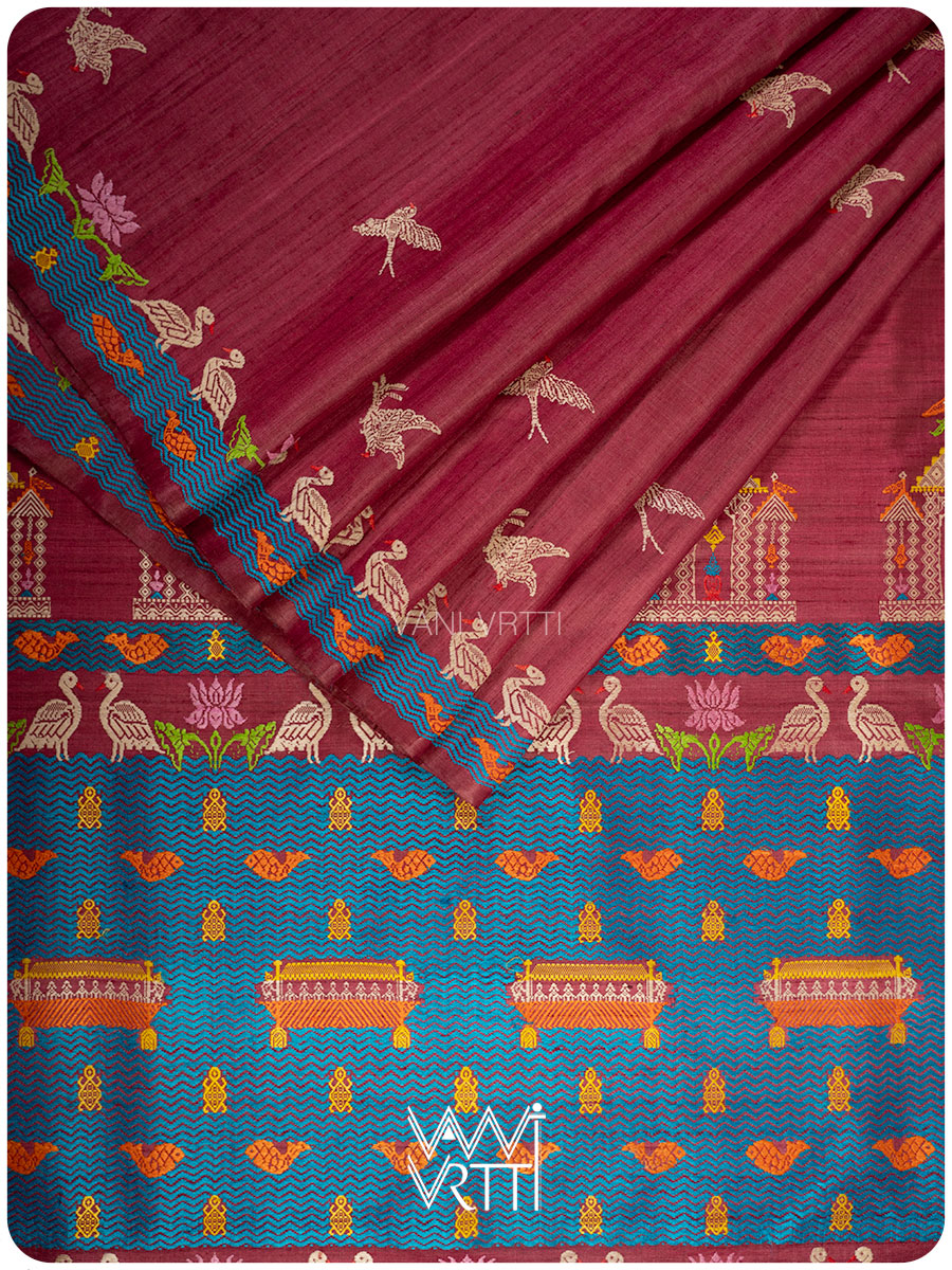 Deep Wine Chilika Master Weave Exclusive Handspun Tussar Silk Saree