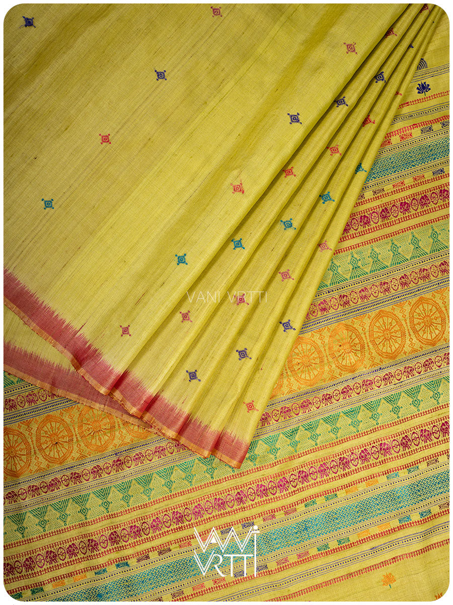Banana leaf green handspun tussar silk Konark saree in full view