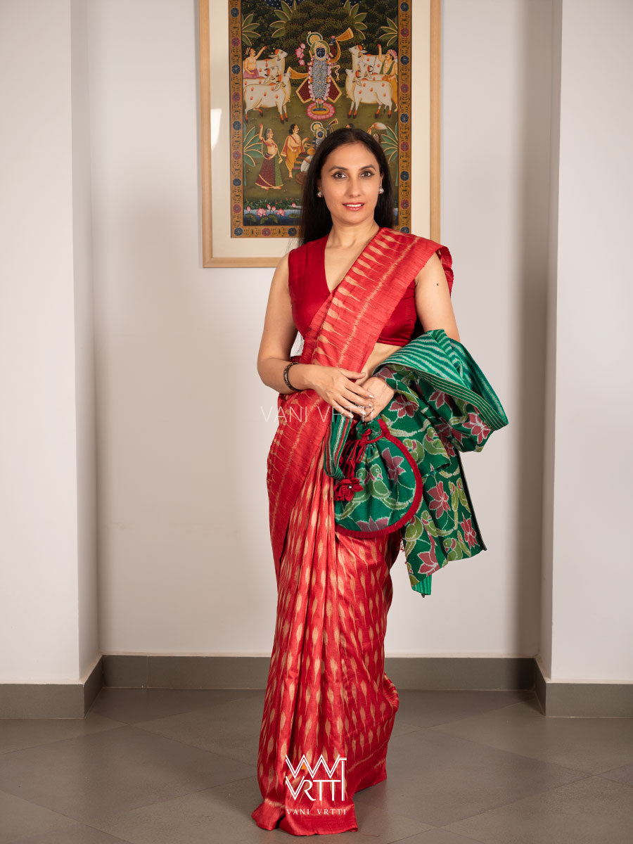 Tomato Red Kadamba Ikat Handspun Tussar Silk Saree