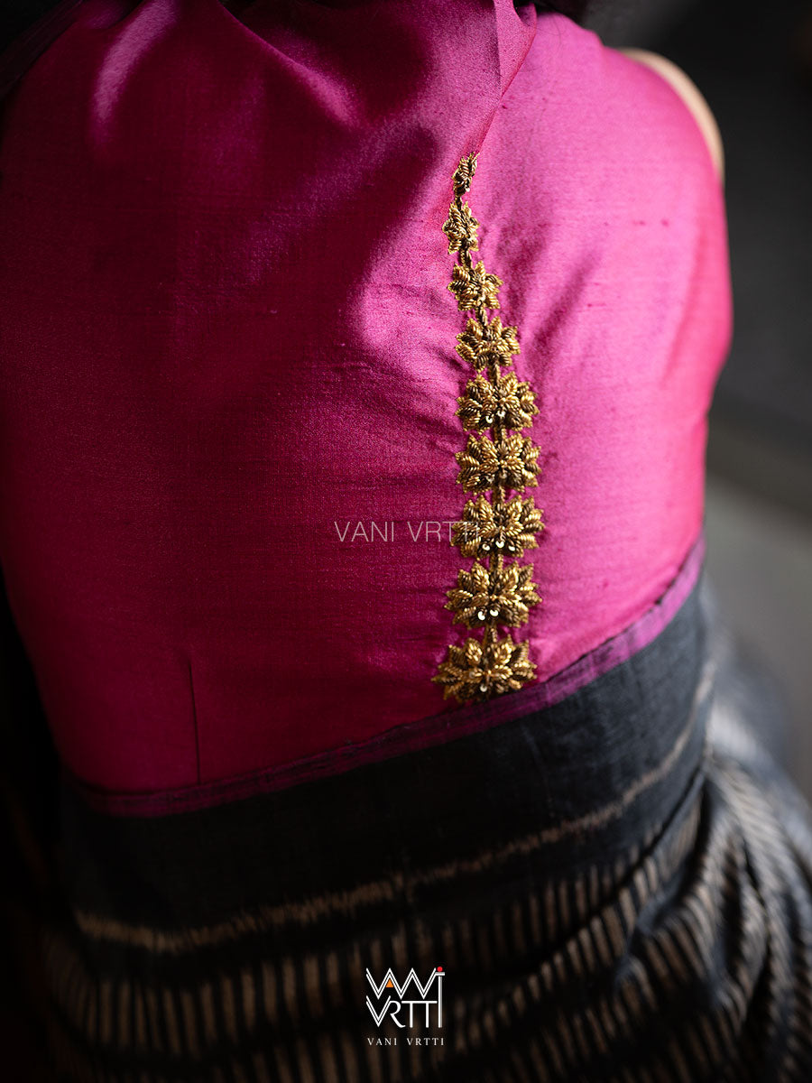 Pink Ashwagandha Flower Plant Zardozi Tussar Silk Blouse