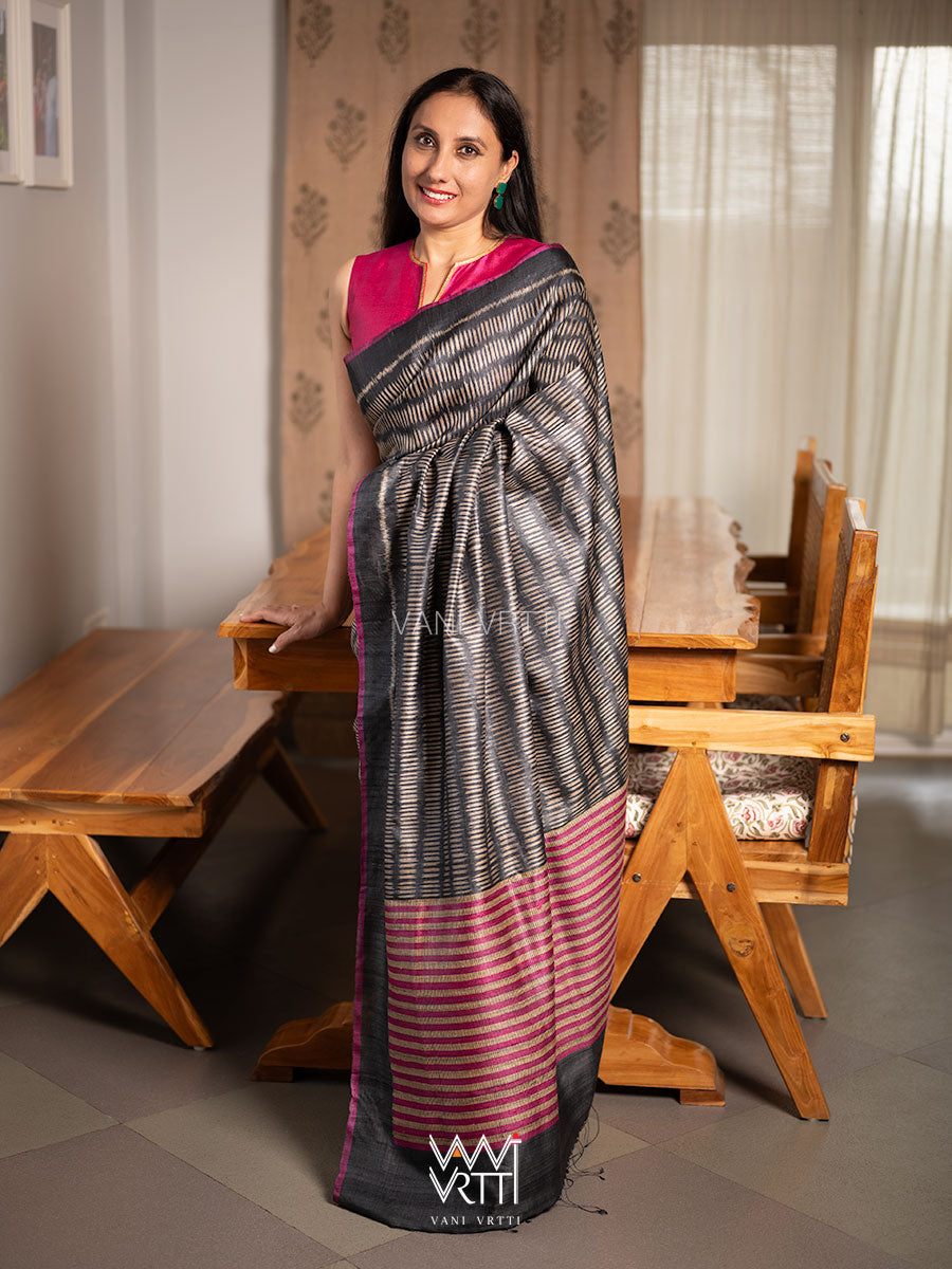 Black Small Manira Ikat Handspun Tussar Silk Saree