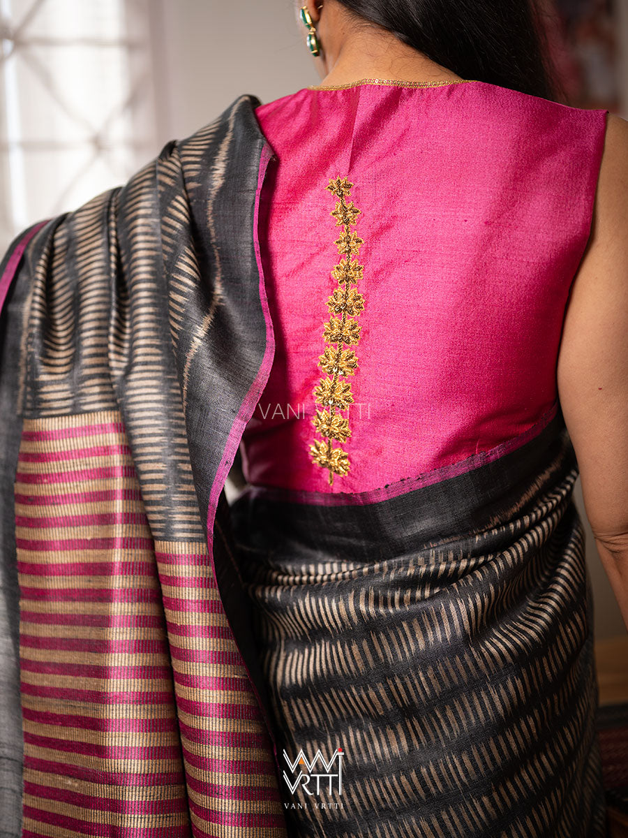 Pink Ashwagandha Flower Plant Zardozi Tussar Silk Blouse
