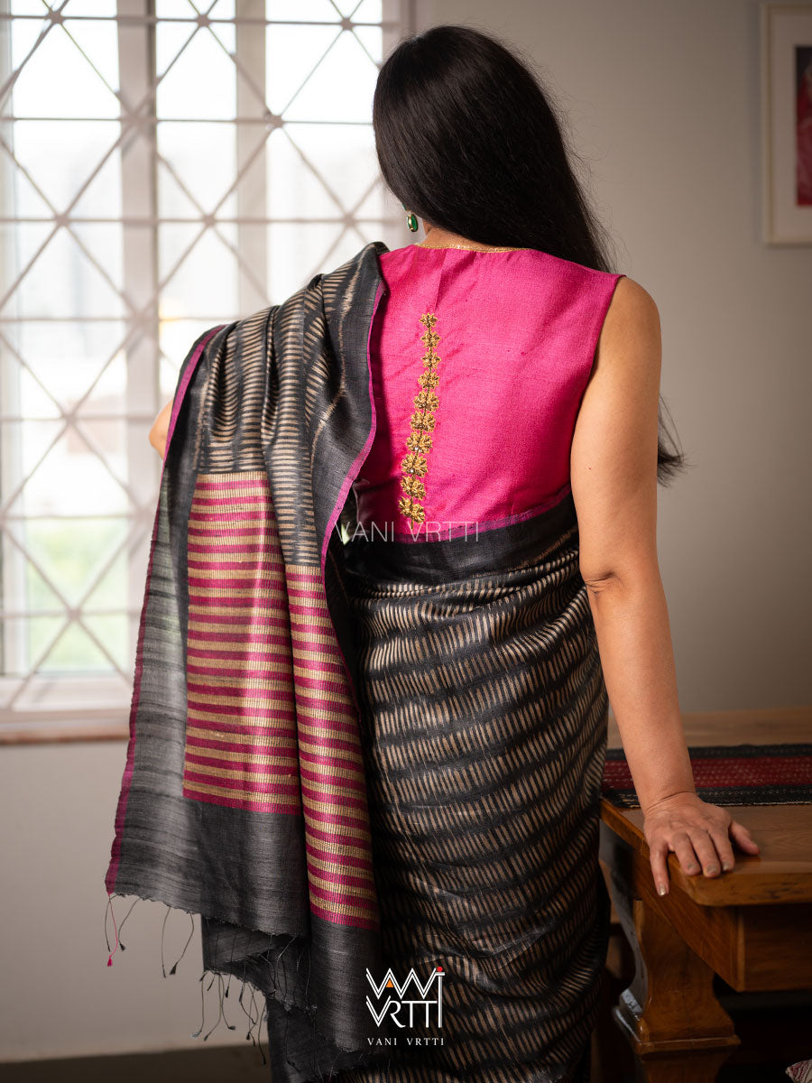 Pink Ashwagandha Flower Plant Zardozi Tussar Silk Blouse