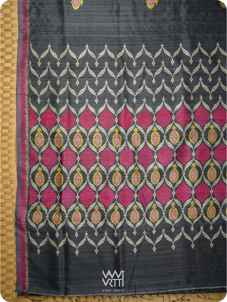 Black Lime Green Pomegranate Jaal Handspun Tussar Silk Saree
