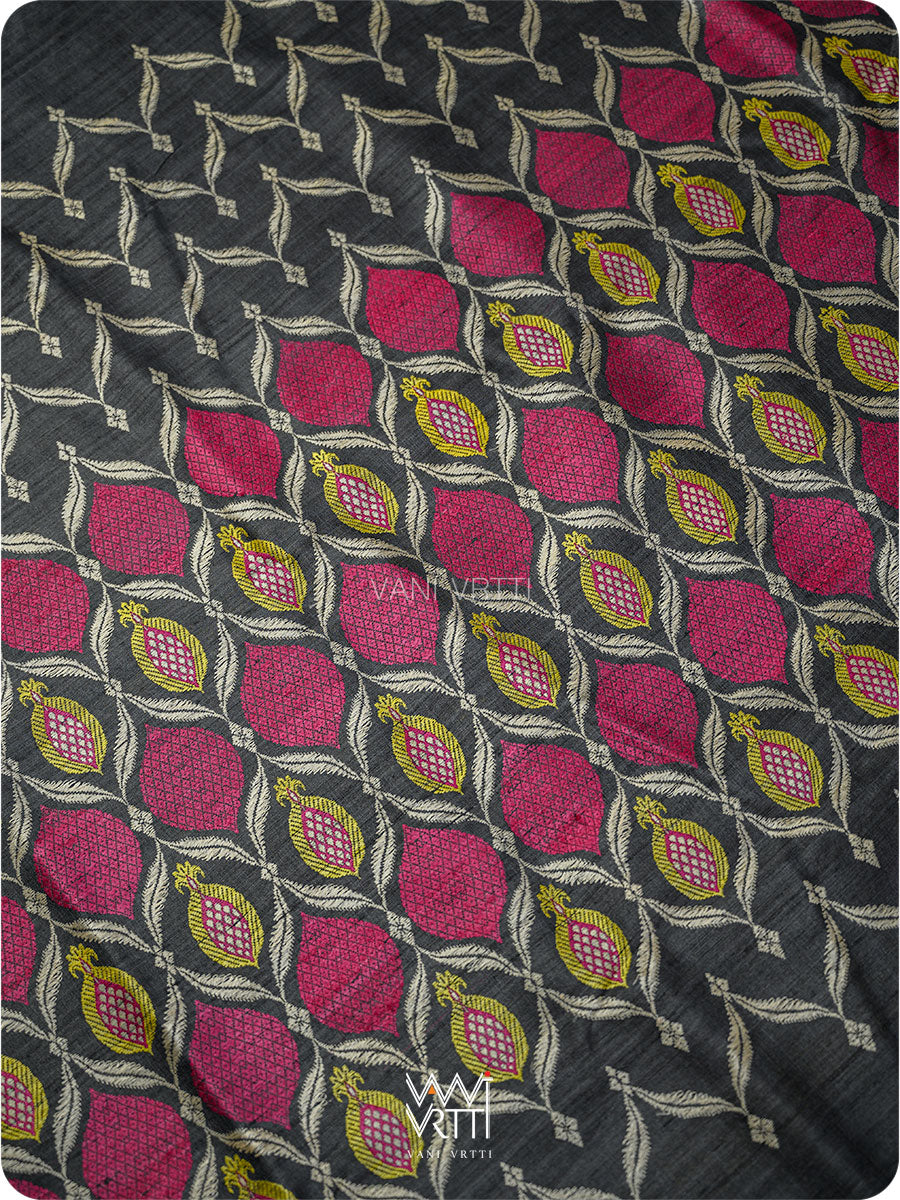 Black Lime Green Pomegranate Jaal Handspun Tussar Silk Saree