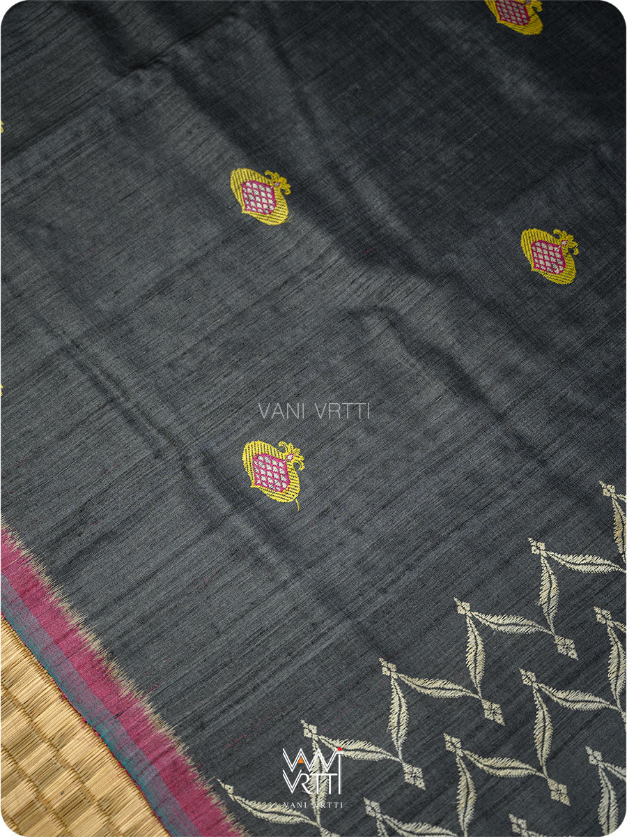 Black Lime Green Pomegranate Jaal Handspun Tussar Silk Saree