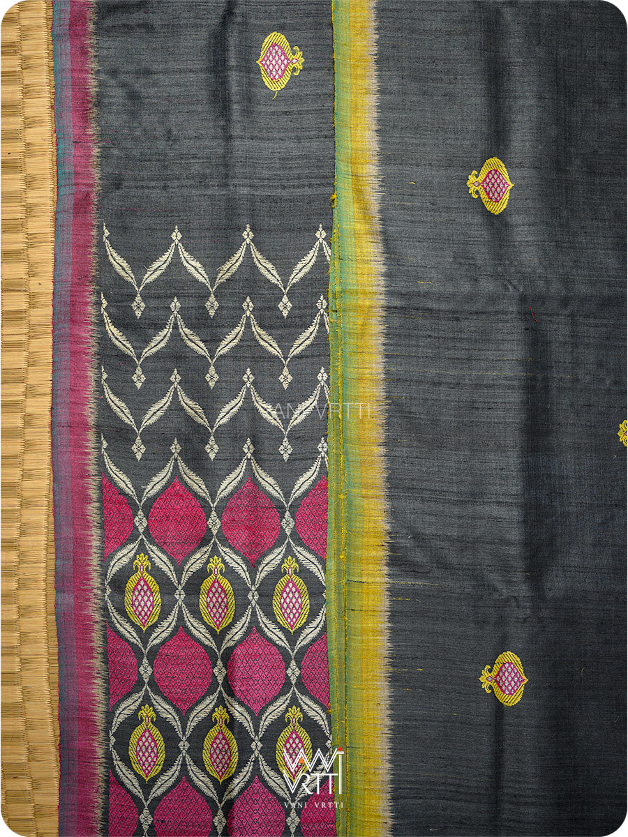 Black Lime Green Pomegranate Jaal Handspun Tussar Silk Saree