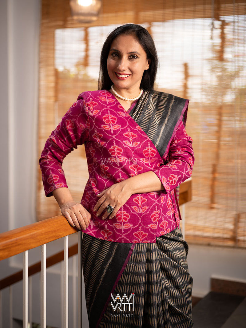 Pink Laal Jaba Reversible Parallel Ikat Overlap Waist Length Jacket