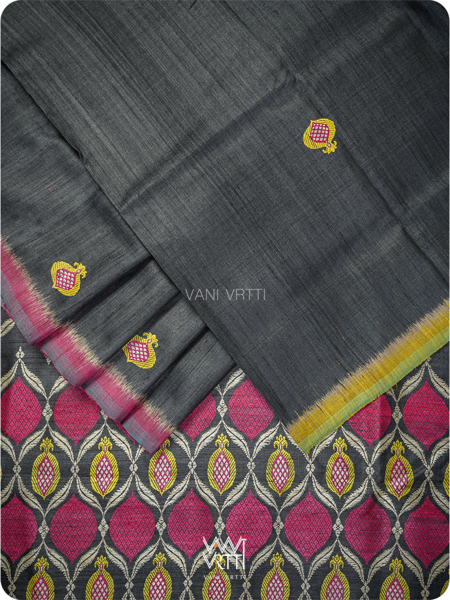 Black Lime Green Pomegranate Jaal Handspun Tussar Silk Saree