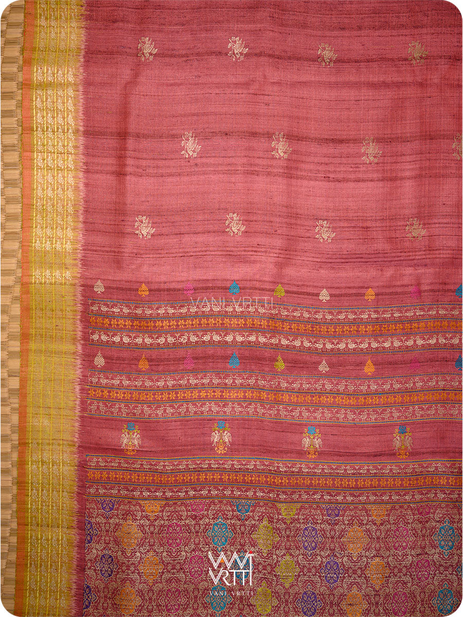 Light Brown Mustard Nightingale Master Weave Exclusive Handspun Tussar Silk Saree