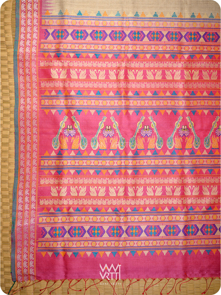 Off white Pink Yellow Veena Pani Lata Master Weave Exclusive Handspun Tussar Silk Saree