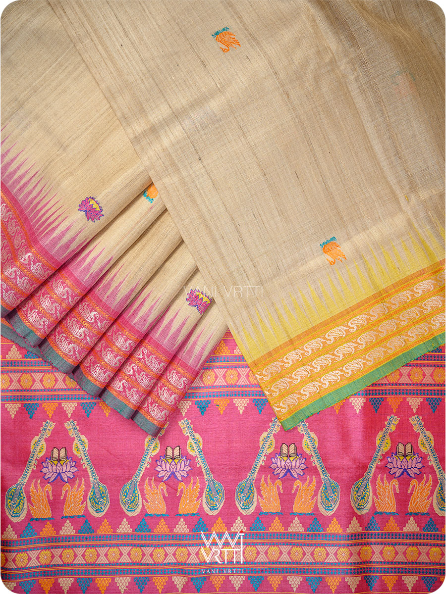 Off white Pink Yellow Veena Pani Lata Master Weave Exclusive Handspun Tussar Silk Saree