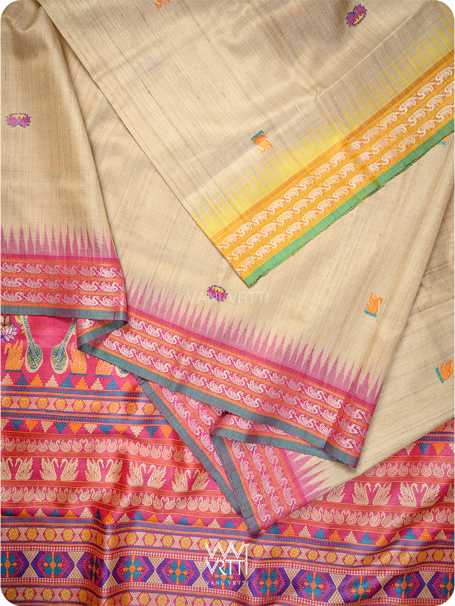 Off white Pink Yellow Veena Pani Lata Master Weave Exclusive Handspun Tussar Silk Saree