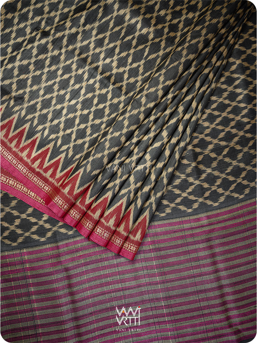 Black Red Lily Ikat Handspun Tussar Silk Sari