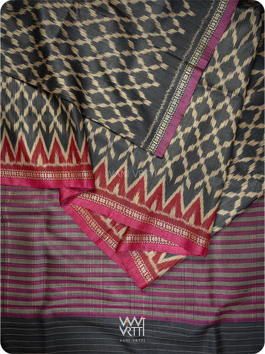 Black Red Lily Ikat Handspun Tussar Silk Sari