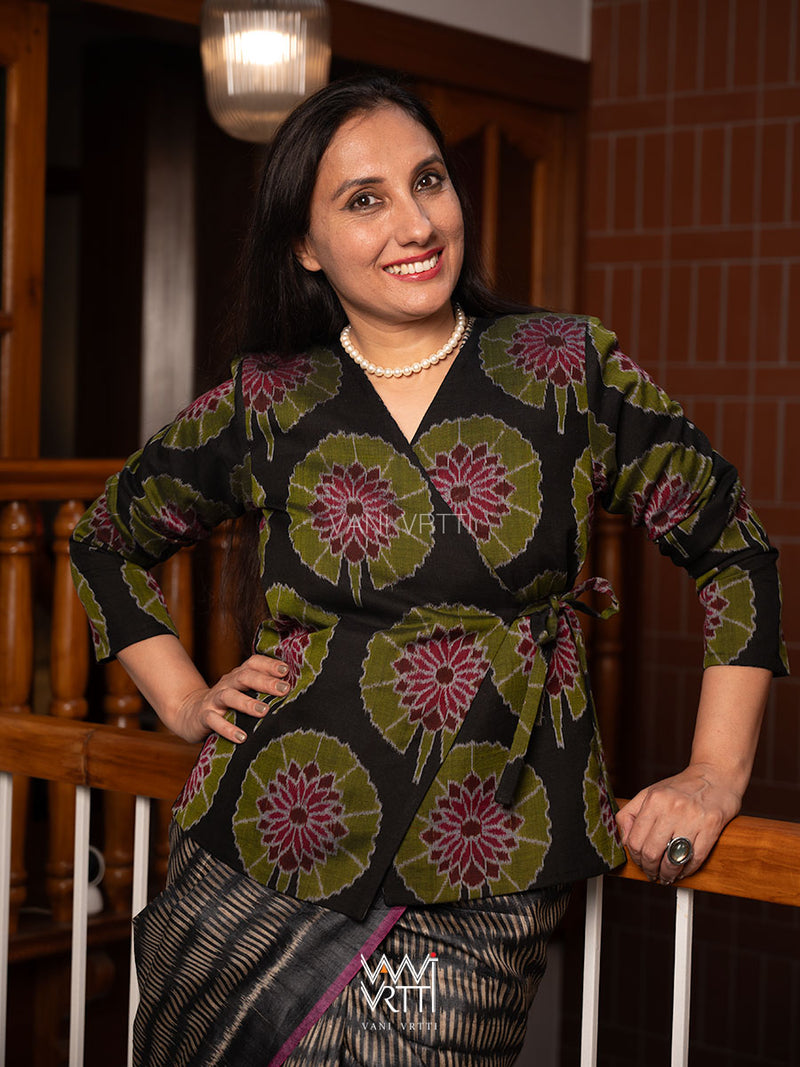 Black Lily Pond Reversible Zig Zag Ikat Overlap Waist Length Jacket
