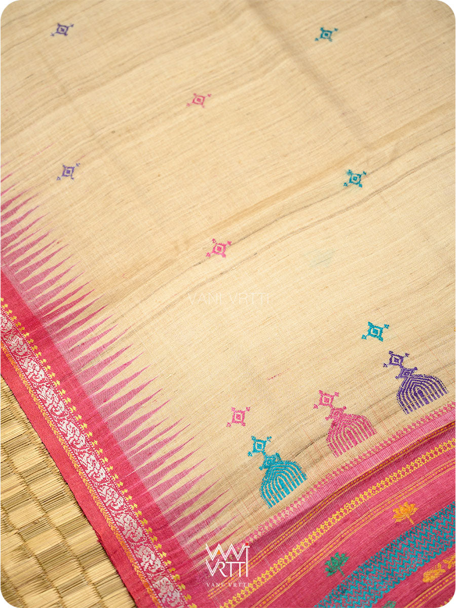 Ikat border close-up on pink handspun tussar silk Konark saree
