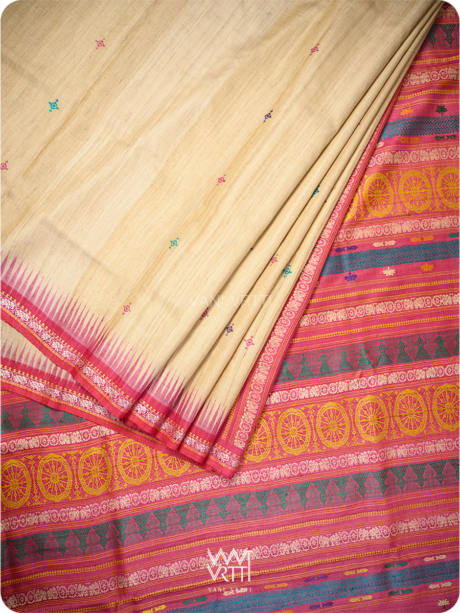 Natural Tussar Pink Airavata Konark Double Palla Handspun Tussar Silk Saree