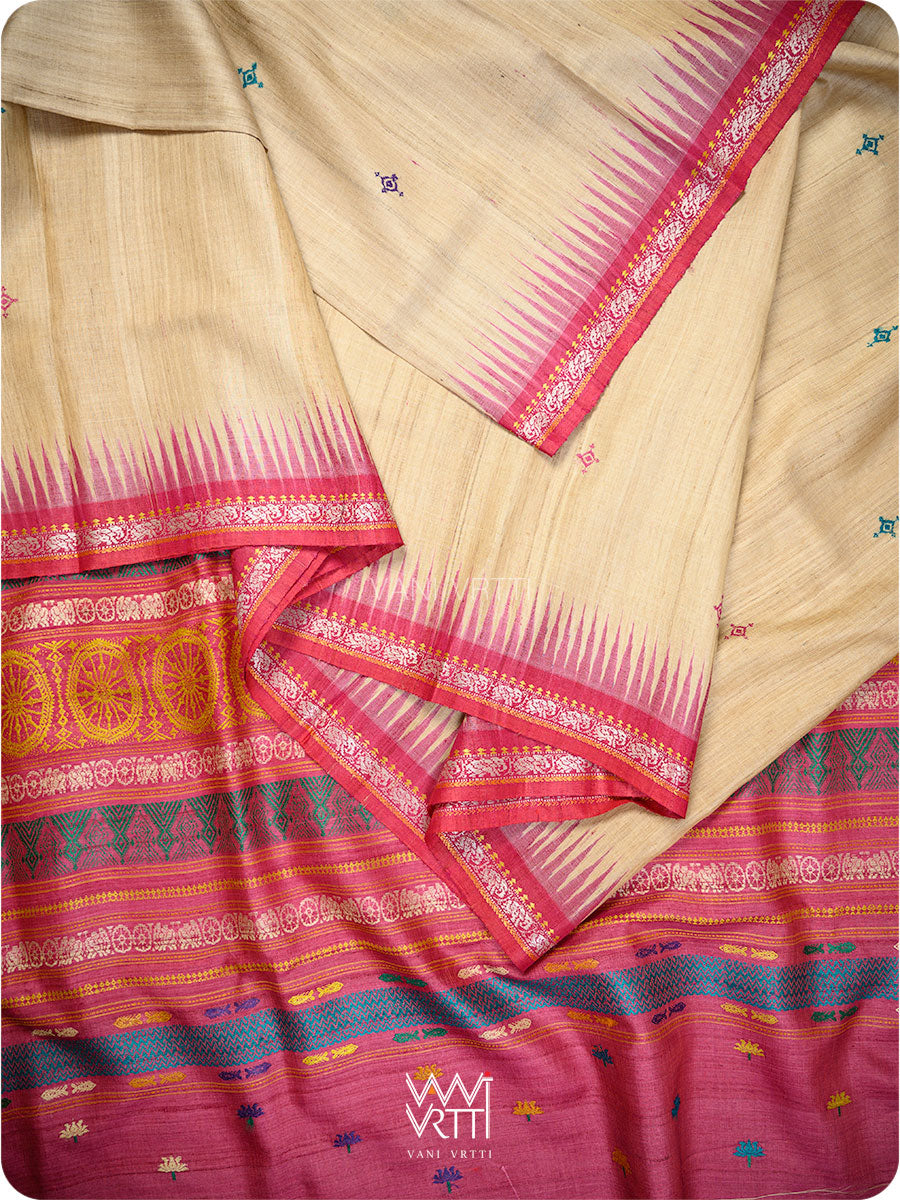 Ikat border on pink tussar silk Konark saree with Airavata elephant motifs