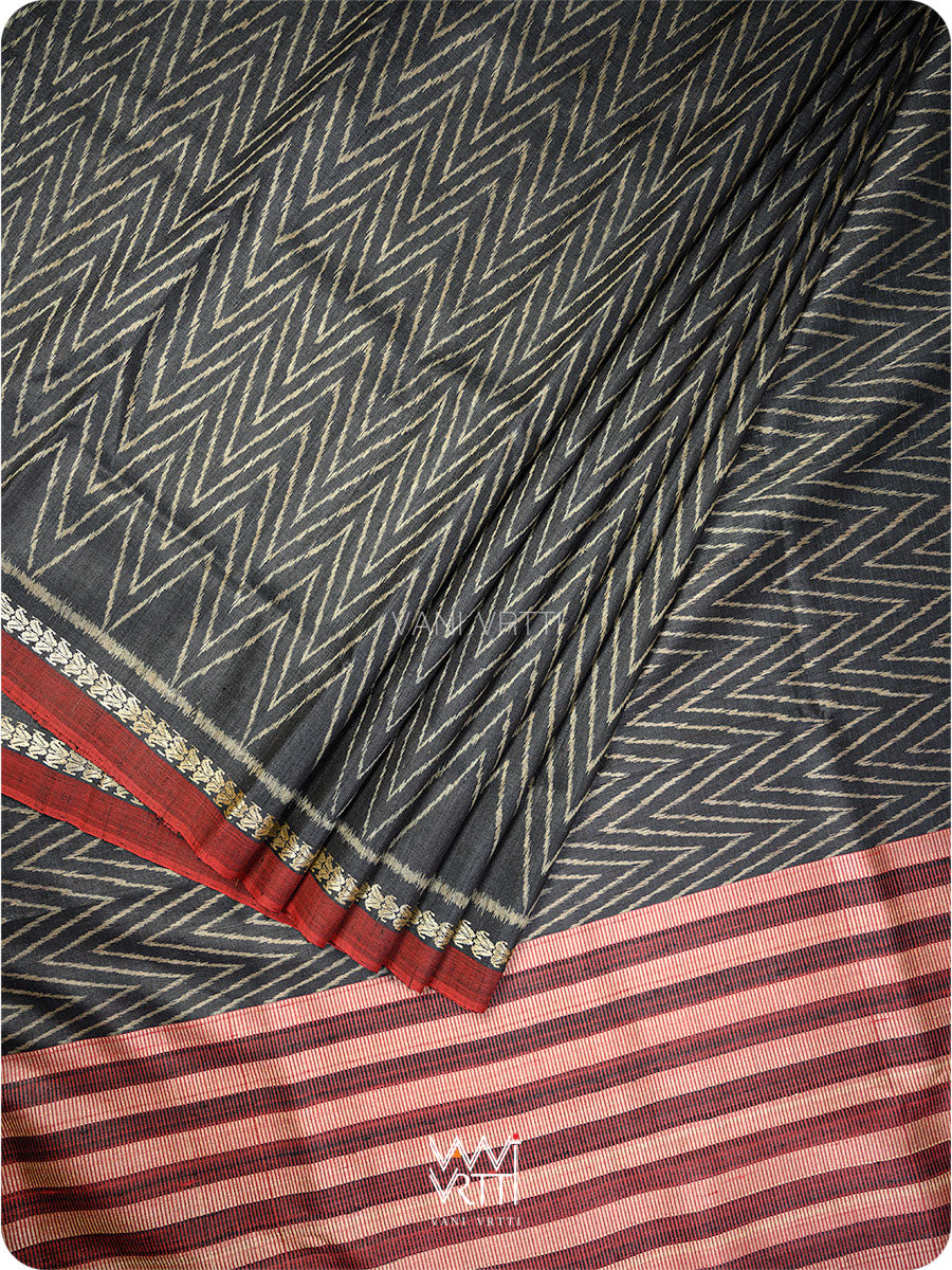 Black Aziz Ikat Handspun Tussar Silk Saree