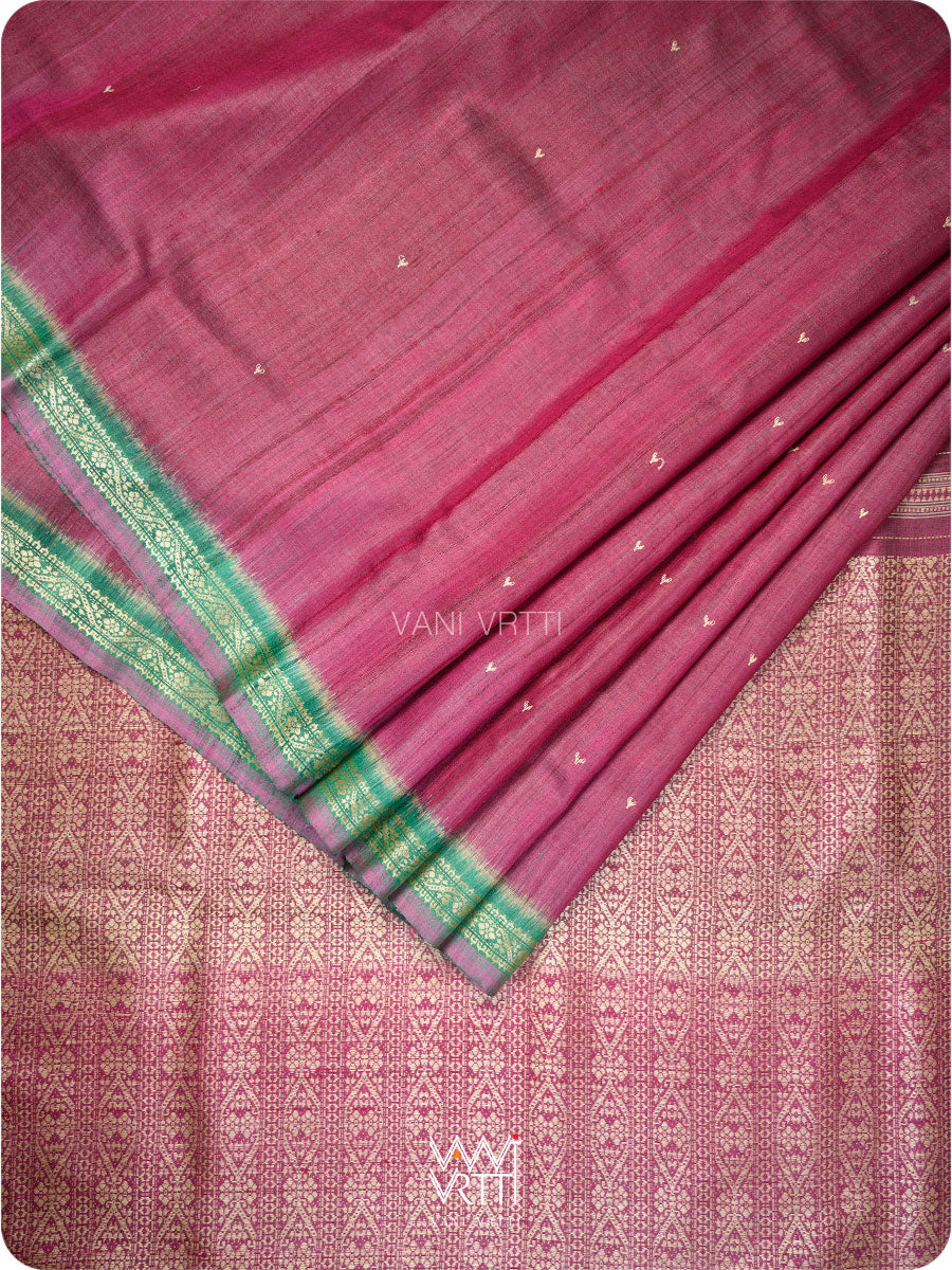 Deep Wine Bottle Green Madhumalati Handspun Tussar Silk Sari